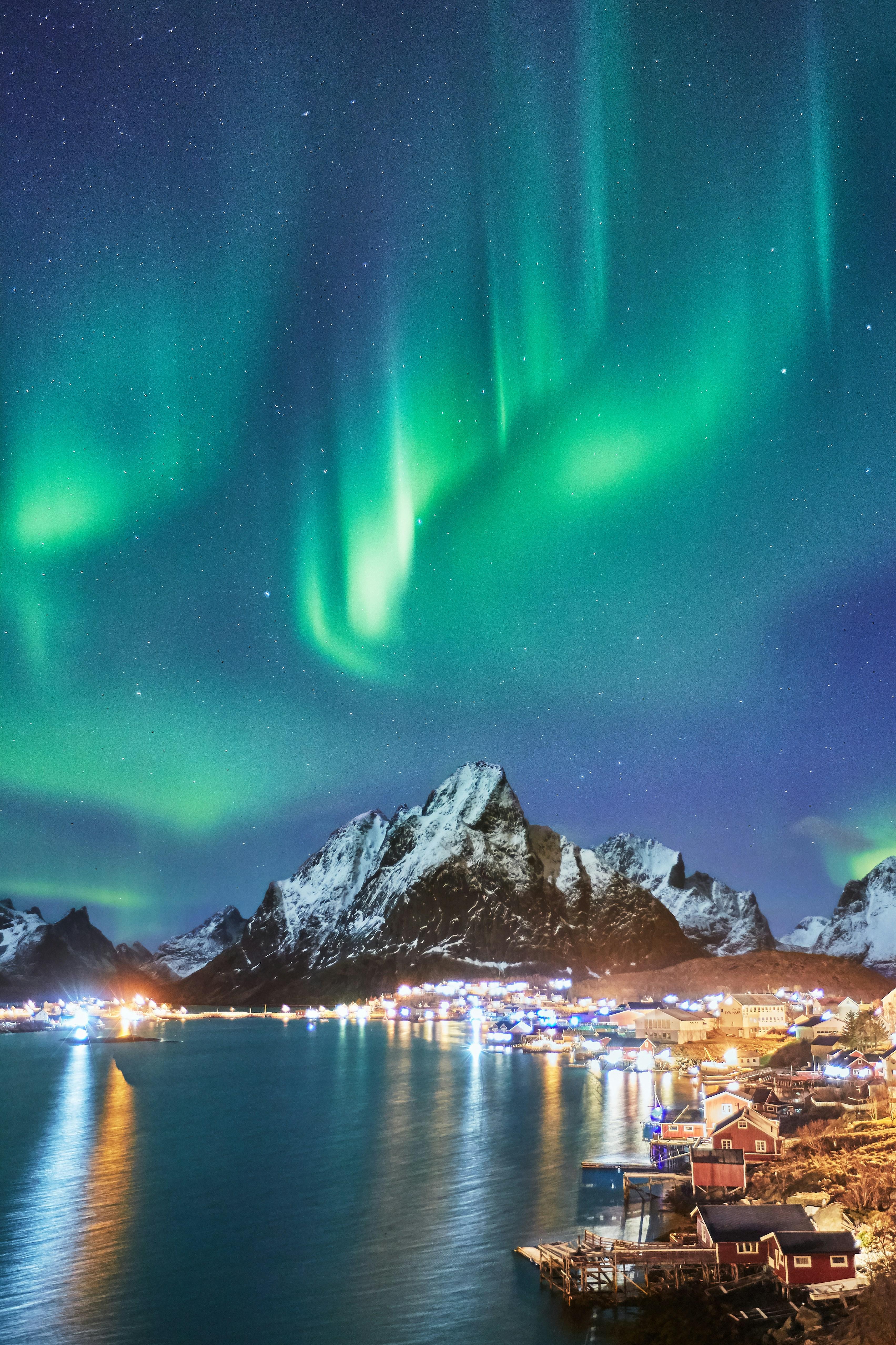 Green aurora borealis above snowy mountains in Lofoten