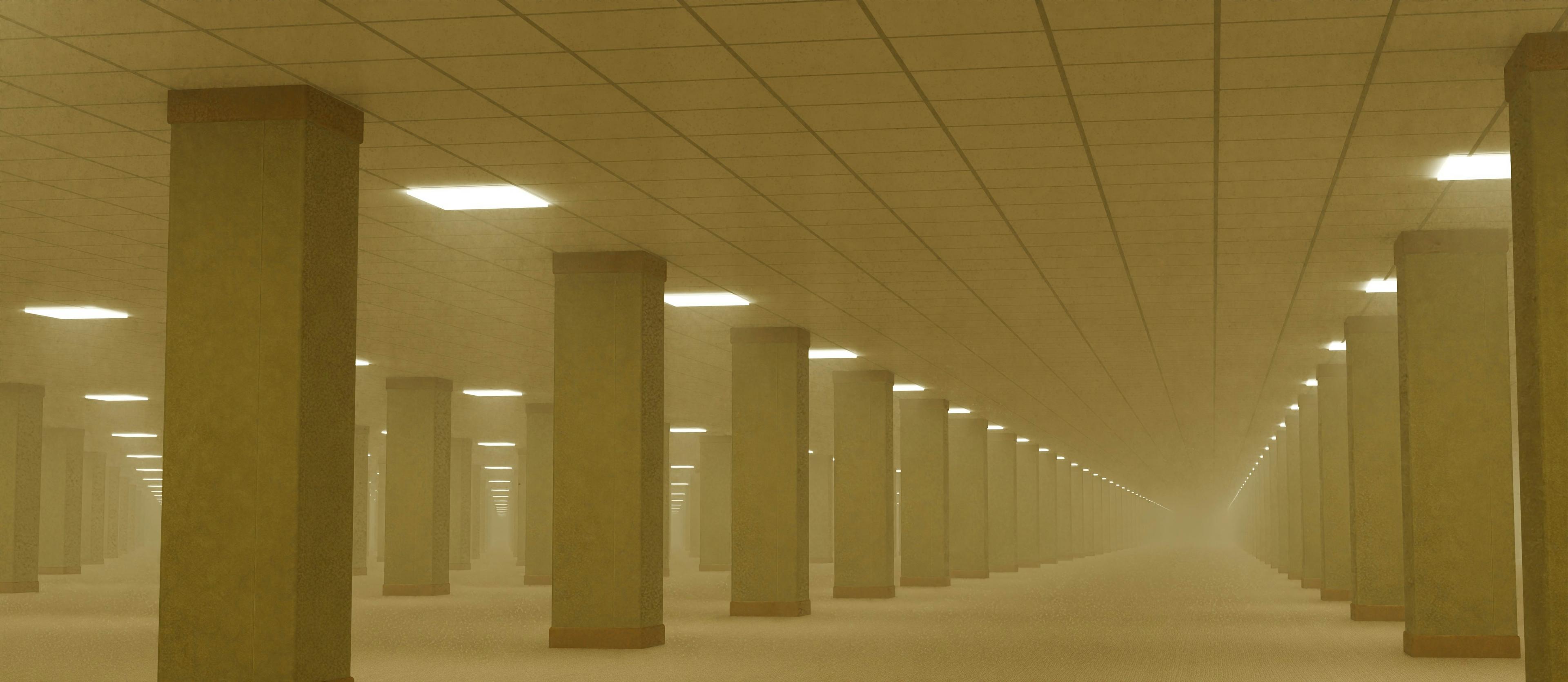 An endless yellow corridor with pillars and glowing ceiling panels