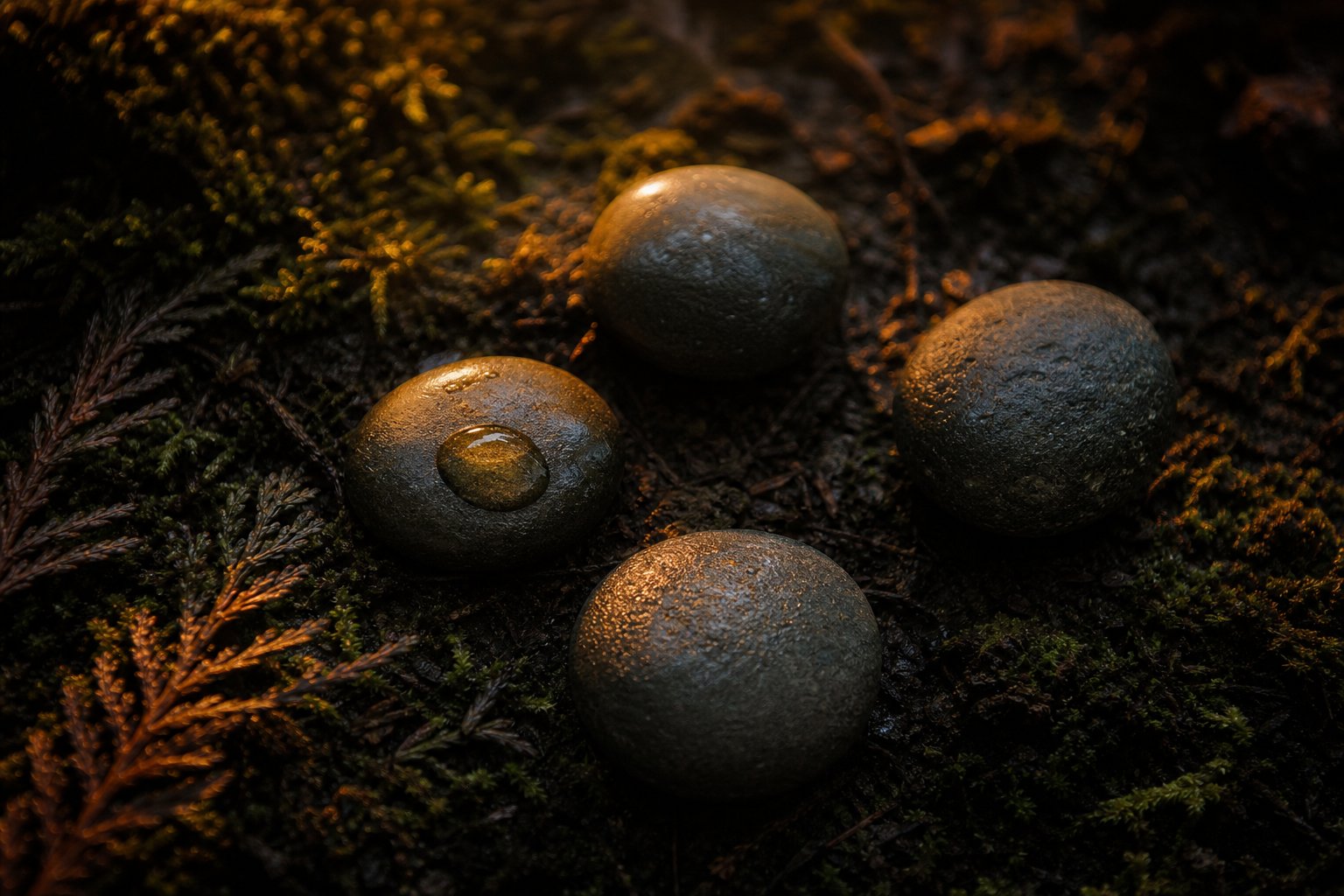 Four stones in a quiet circle on a forest floor