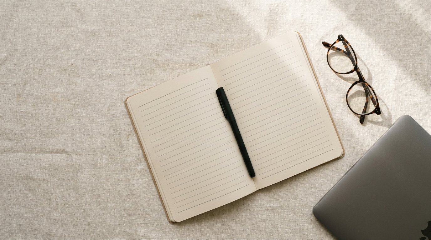A study desk with an open notebook, pen and laptop in soft daylight