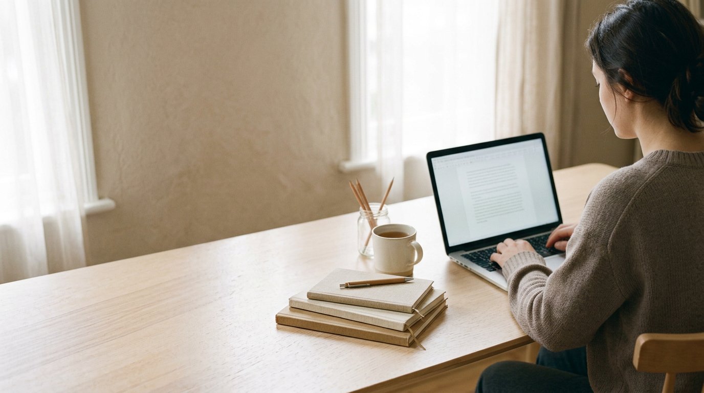 A learner studying at a desk with an open laptop and notebooks in soft daylight