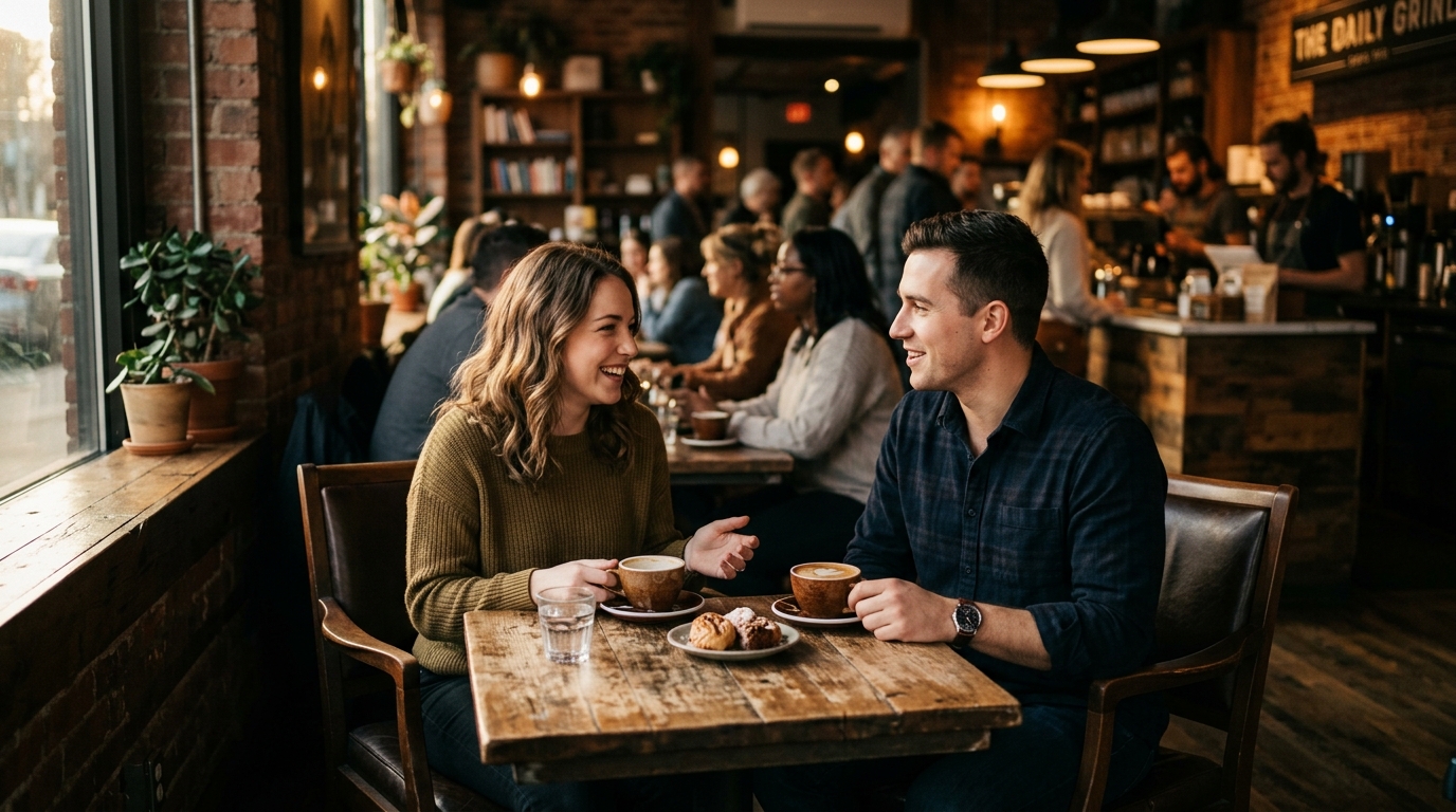 Two people meeting on a safe, comfortable public coffee date
