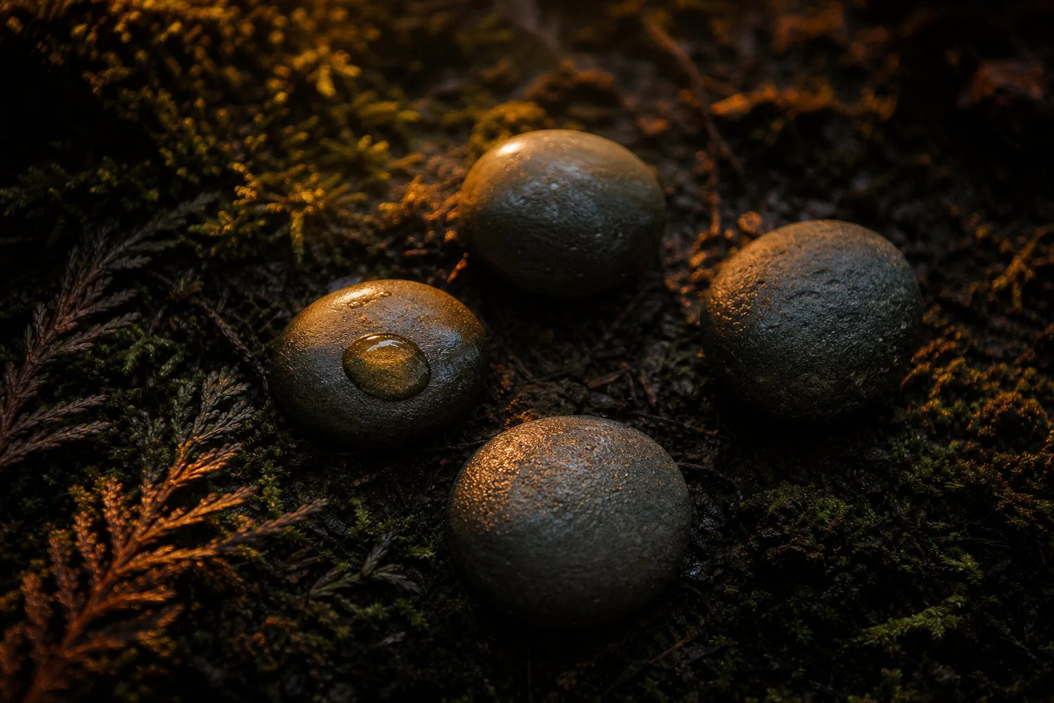 Four stones in a quiet circle on a forest floor