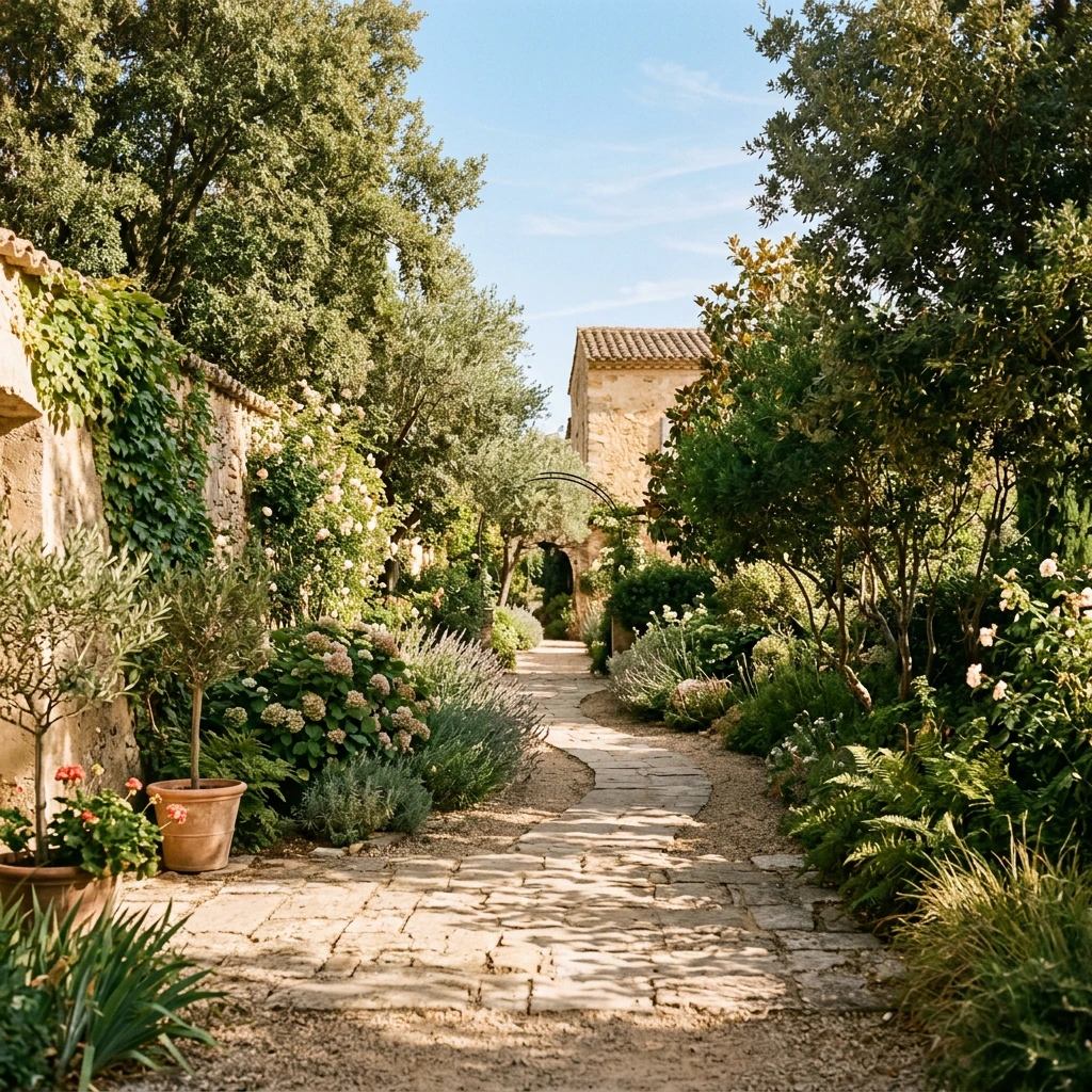 Two people walking and talking along a garden path