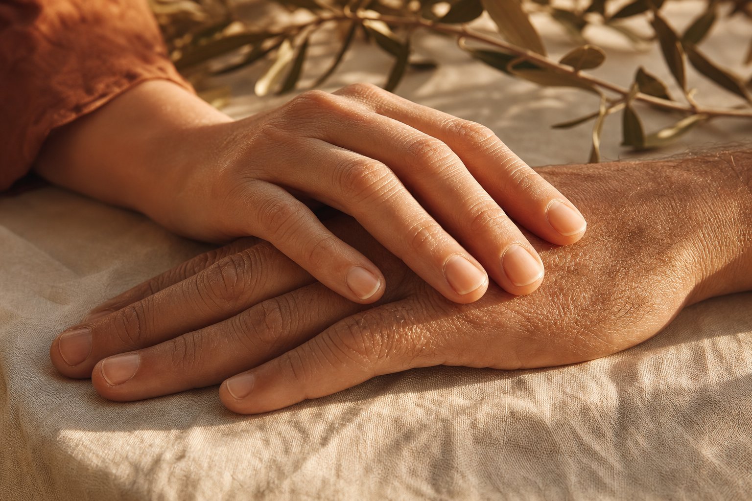 Two pairs of hands resting together in a gesture of care