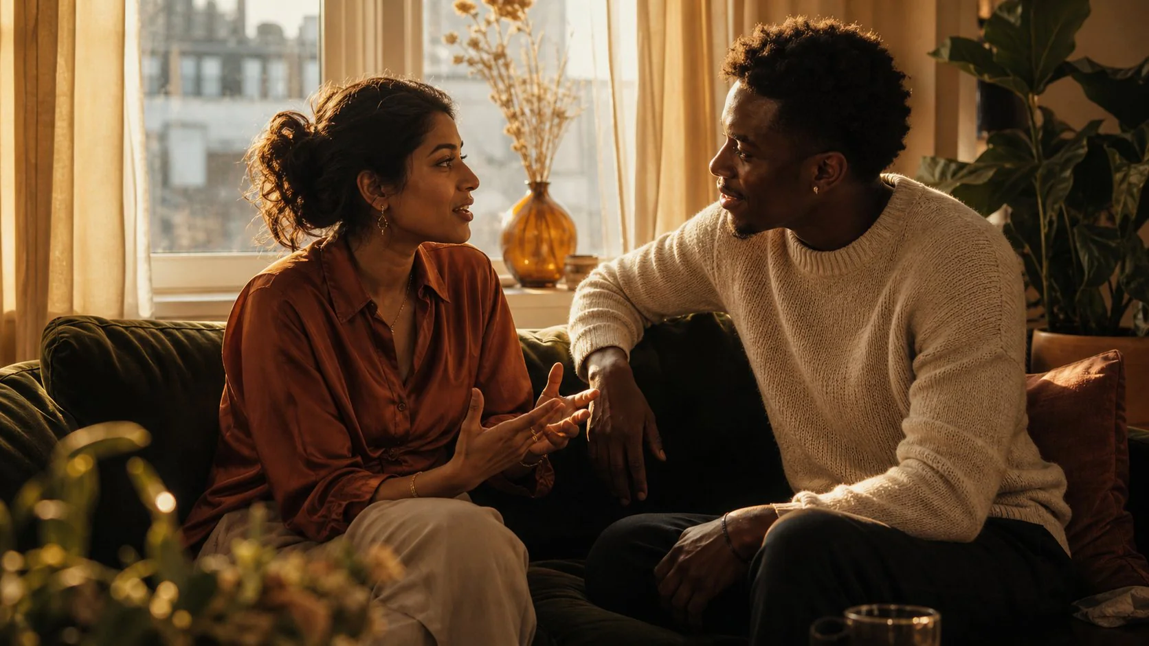 Two people in warm conversation on a sunlit sofa