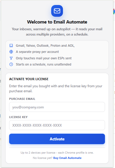 The extension's activation screen, with fields for the purchase email and the license key.