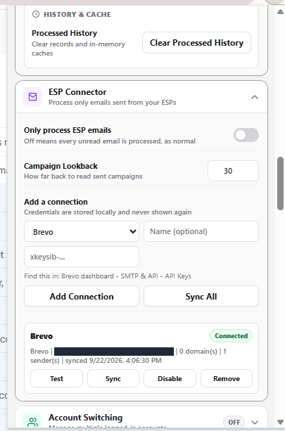 The ESP Connector panel: the “only process ESP emails” switch, a campaign lookback field, the provider and API key form, and a connected Brevo account.