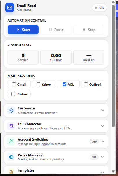 The extension side panel: automation controls, session stats, and the mail provider checkboxes with AOL ticked.