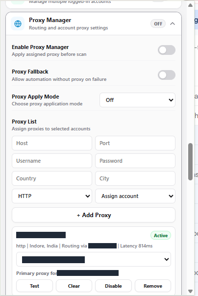 The Proxy Manager panel: switches for enabling routing and fallback, the apply-mode selector, the host/port/credentials form, and an active proxy assigned to an account.
