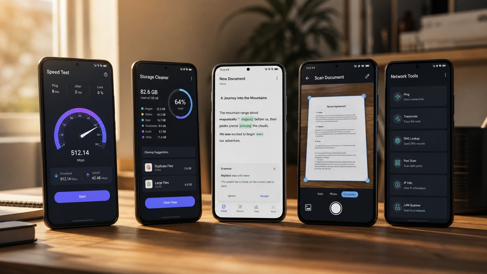 Android phones showing AltFTool apps on a desk